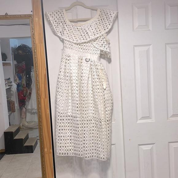 self-portrait Lace Frill Asymmetric Cold shoulder Midi Dress uk size 6 $995 - Picture 10 of 11